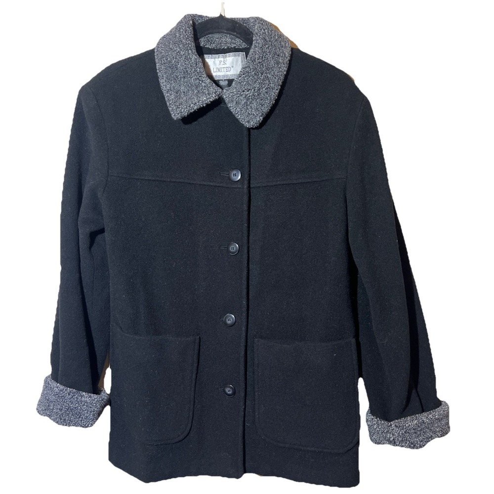 F.S. Limited Pea Coat Women S Wool Black Contrast Cuff Collar Button Pockets EUC